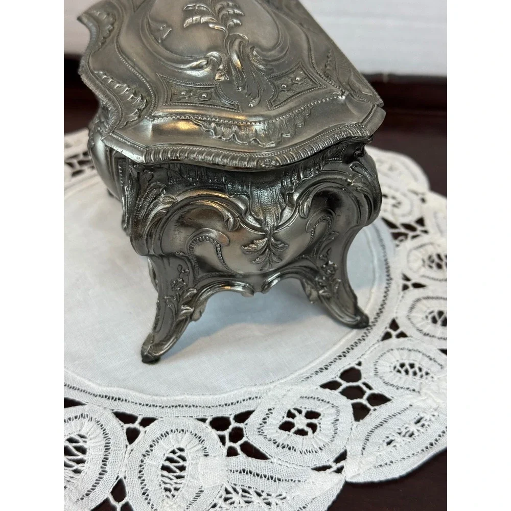 Vintage Ornate Silver Tone Footed Jewelry Casket Box Red Velvet Lining Rococo